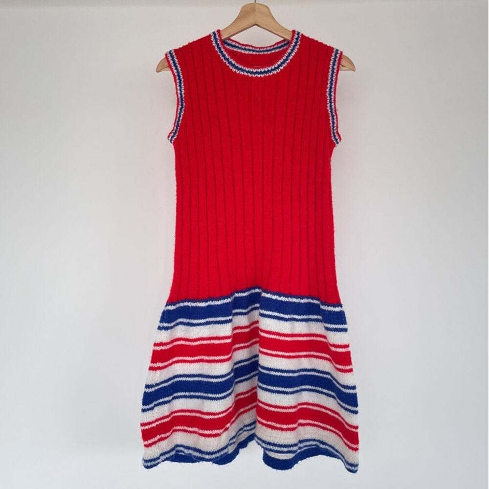 Vintage 1960's Mod Red Knit Sweater Dress / Striped / Red Blue / Sz M/L Retro